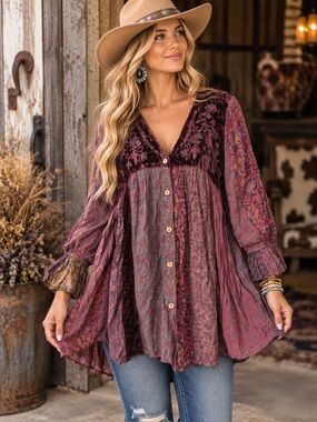 NWT Young Threads Velvet Embroidered Boho Patchwork Tunic Top